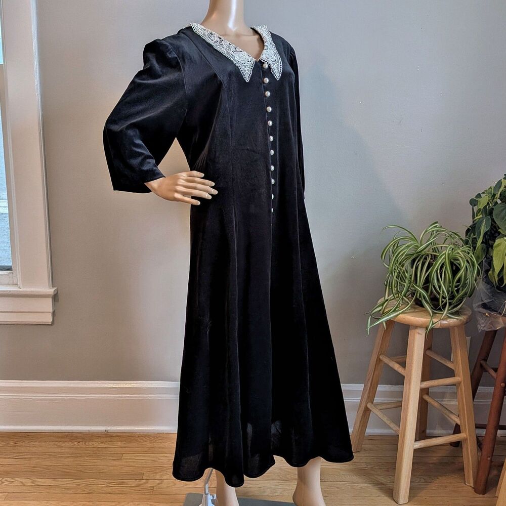Vintage 90s Ultra Velvet Maxi Dress Lace Collar Wednesday Adams Plus Size 18W - Picture 2 of 11